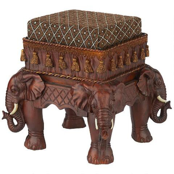 Sculpted Wood Elephants Sculptural Upholstered Footstool Faux